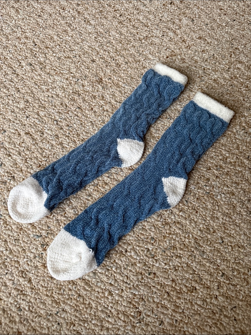 Blue Cable-Knit Crew Socks with White Accents